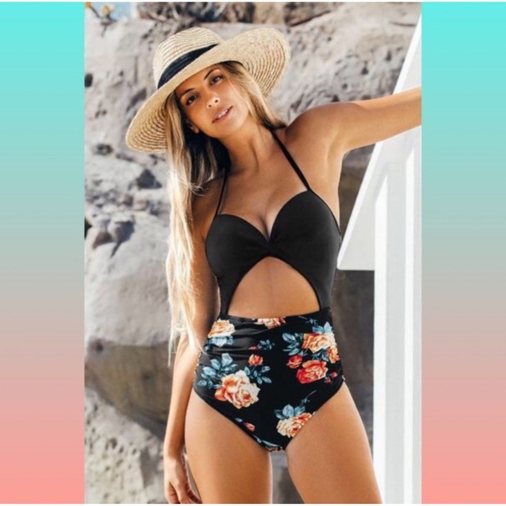 NWT Cupshe Women's Sz M One Peice Bathing Suit Black Floral. Cut Out. Boho